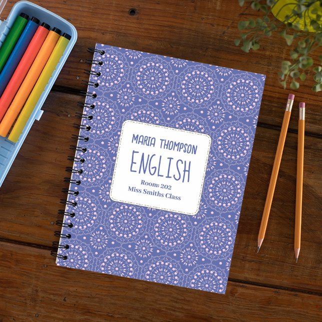 Cool Back to School Subject Personalized Notebook (Pink and purple patterned school subject spiral notebook)