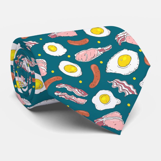 Cool Bacon Egg Sausage Breakfast Food Pattern Blue Neck Tie (Rolled)