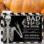 Cool Bad Two The Bone Halloween 2nd Birthday Party Invitation<br><div class="desc">Get ready to throw the coolest October birthday bash with the "Cool Bad Two The Bone Halloween 2nd Birthday Party Invitation." Perfectly capturing the spirit of "bad two the bone, " this invitation features a trendy skeleton flashing a peace sign, adding a playful touch to your little one's special day....</div>