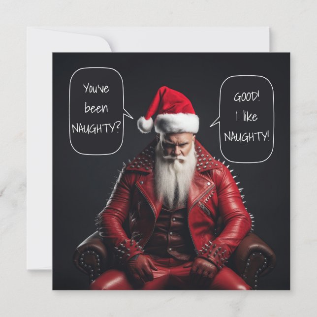 Cool Badass Santa In Red Leather Likes It Naughty Holiday Card (Front)