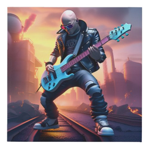 Cool bald rocker playing guitar in a city on fire faux canvas print