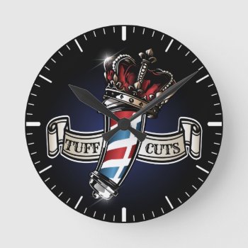 Cool Barber Pole And Crown Logo Personalize 3 Round Clock by BarbeeAnne at Zazzle