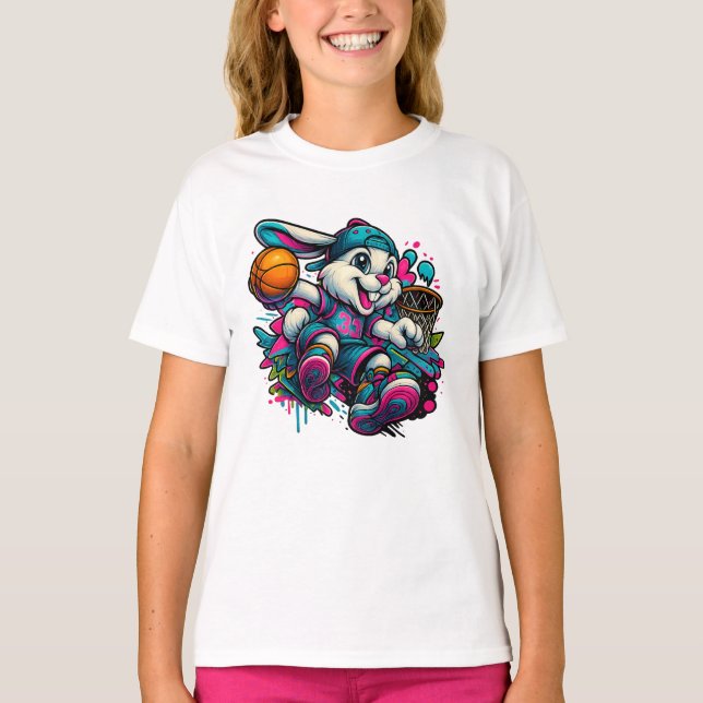 Cool Basketball Bunny Cartoon T-Shirt for Kids  (Front)