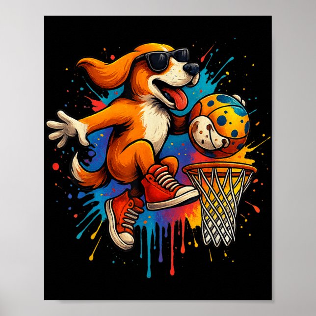 Cool Basketball Dog Dunking Fun Kids Pet Lover  Poster (Front)