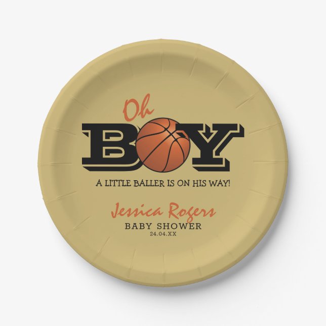 Cool Basketball 'Oh Boy' Baby Shower Paper Plates (Front)