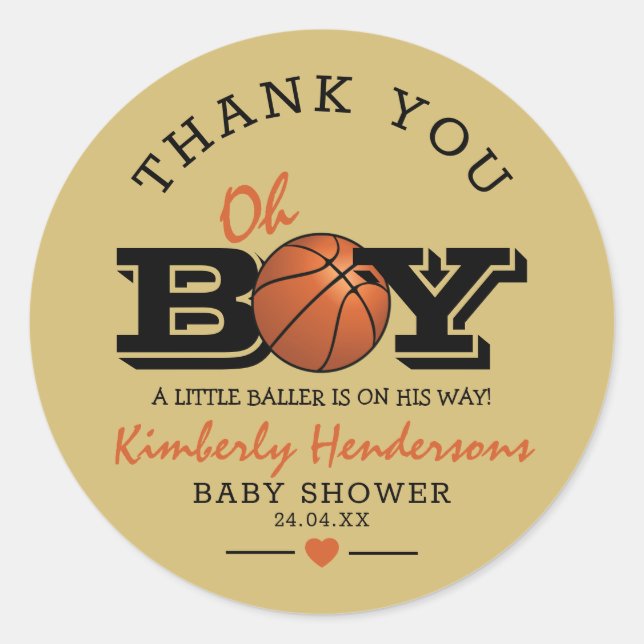 Cool Basketball 'Oh Boy' Baby Shower Thank You Classic Round Sticker (Front)