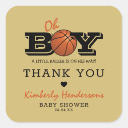 Cool Basketball &#39;Oh Boy&#39; Baby Shower Thank You Square Sticker