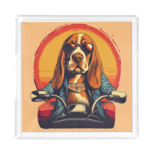 Cool basset hound biker in the sunset acrylic tray