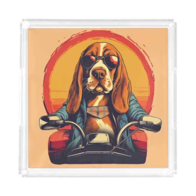 Cool basset hound biker in the sunset acrylic tray (Front)