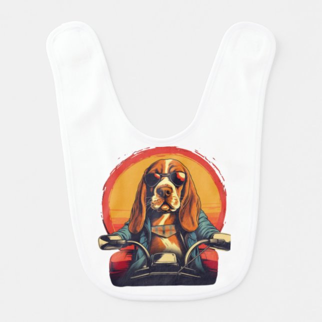 Cool basset hound biker in the sunset baby bib (Front)