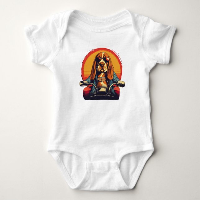 Cool basset hound biker in the sunset baby bodysuit (Front)