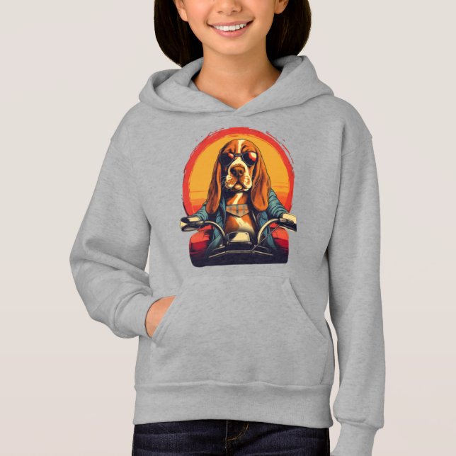 Cool basset hound biker in the sunset hoodie (Front)