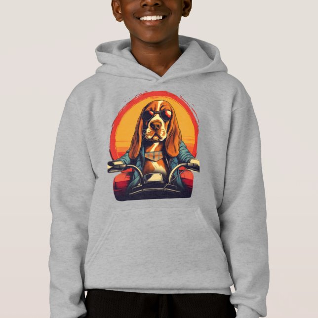 Cool basset hound biker in the sunset hoodie (Front)