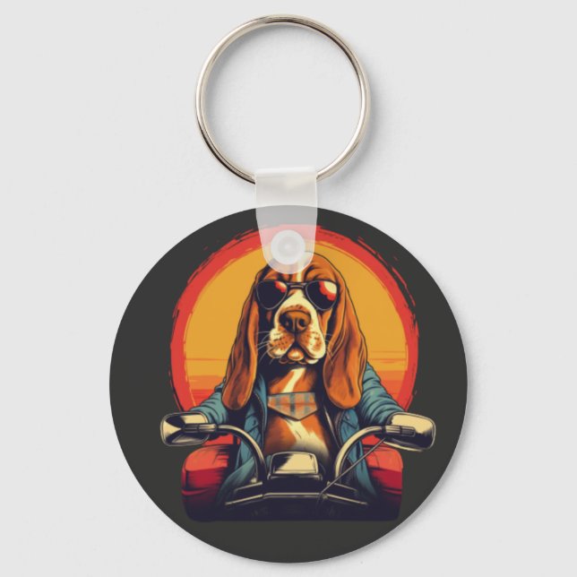 Cool basset hound biker in the sunset keychain (Front)