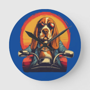 Cool basset hound biker in the sunset round clock