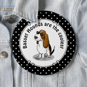 Cool Basset Hound dog and sunglasses (tri-color 1) Button