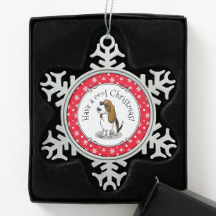 Cool Basset Hound dog and sunglasses (tri-color 1) Snowflake Pewter Christmas Ornament