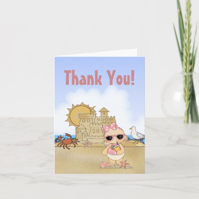 Cool Beach Baby Girl in Pink with Sandcastle Thank You Card (Front)
