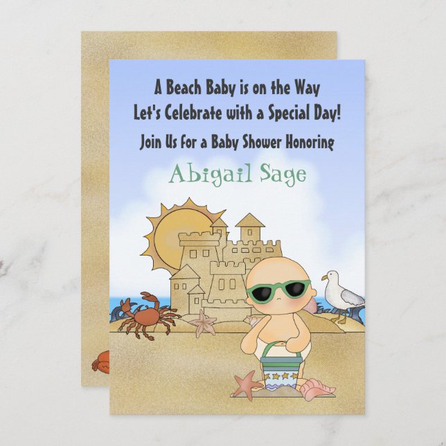 Cool Beach Baby n Sandcastle Neutral Baby Shower Invitation (Front/Back)