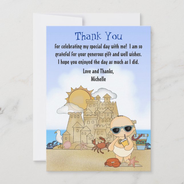 Cool Beach Baby Sandcastle Boys Baby Shower Flat Thank You Card (Front)