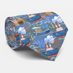 cool beach boats tiled pattern neck tie