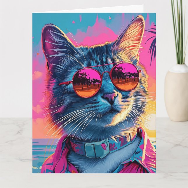 COOL BEACH CAT BIRTHDAY GREETING CARD (Front)