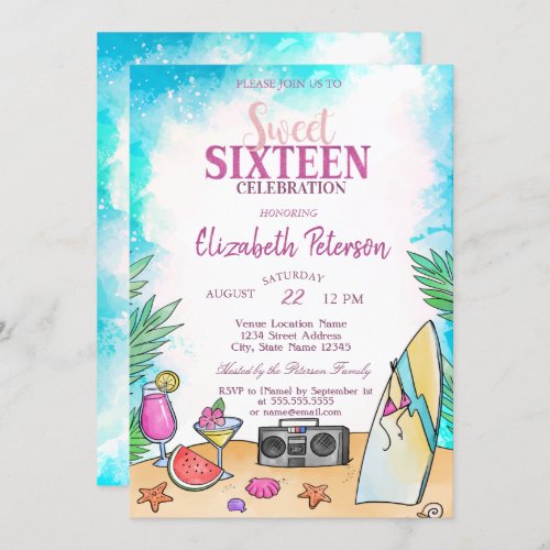 Cool Beach Cocktail Fruits Summer Sweet 16 Party Invitation