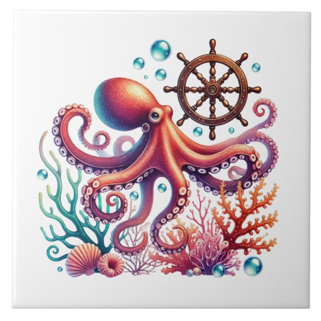 Cool beach octopus lovers ceramic tile (Front)