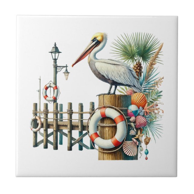Cool beach pelican lovers ceramic tile (Front)
