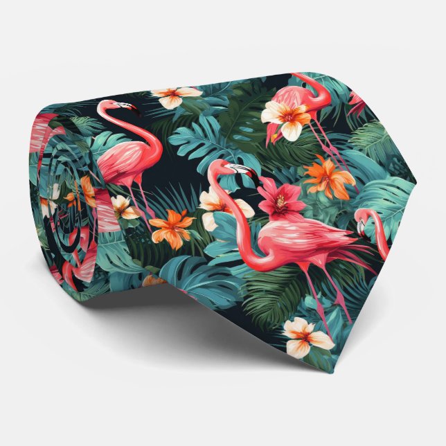 Cool beach pink flamingo tiled neck tie (Rolled)
