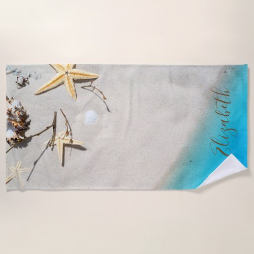 Cool BeachSandSeastarSeashell  _Personalized Beach Towel