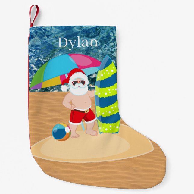cool beach Santa add name Large Christmas Stocking (Front)