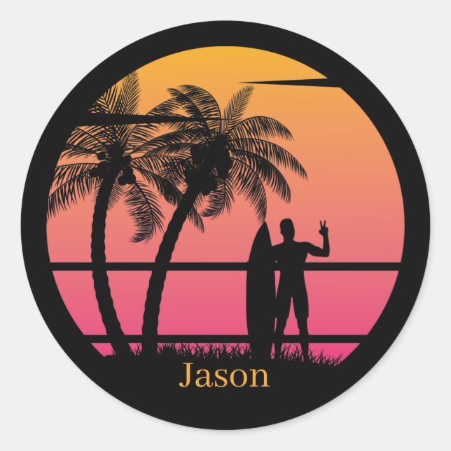 Cool beach surfing lovers  classic round sticker (Front)