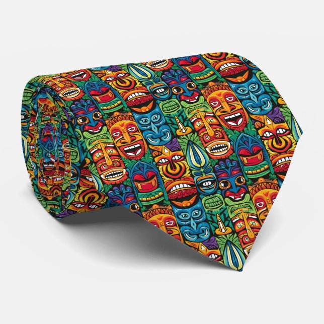 Cool beach tiki head tiled pattern neck tie (Rolled)
