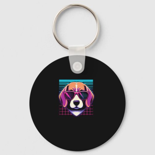 Cool Beagle Dog In Vaporwave Art Style Dog Mom Dad Keychain