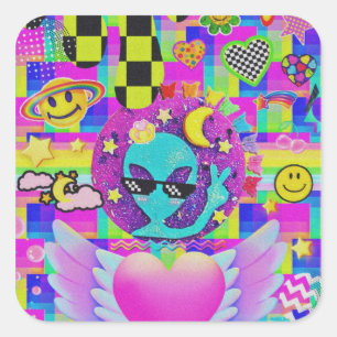 Cool Beans Alien   Funny Retro Trippy Alien Art Square Sticker