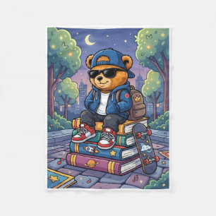Cool Bear In Travel Outfit Over Stacked Books Flee Fleece Blanket