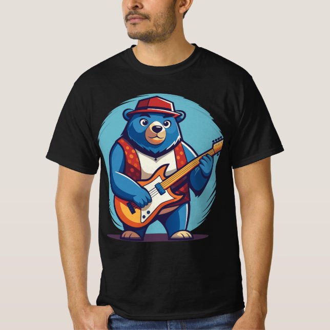Cool Bear Playing Guitar Illustration T-Shirt (Front)