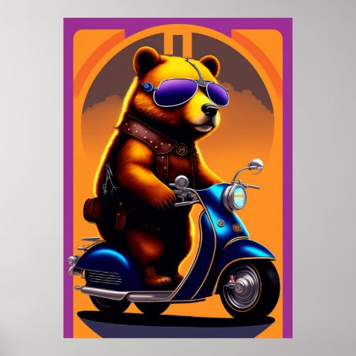 Cool Bear Riding a Blue Scooter Poster