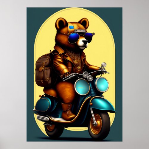 Cool Bear Riding a Green Scooter Poster