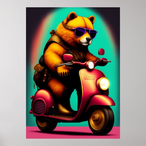 Cool Bear Riding a Pink Scooter Poster