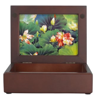 Cool beautiful chinese lotus flower green leaf art keepsake boxes