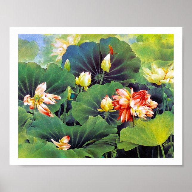 Cool beautiful chinese lotus flower green leaf art poster (Front)