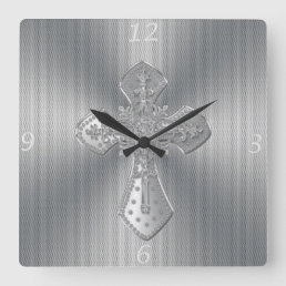Cool beautiful ornament cross silver gray effect square wall clock