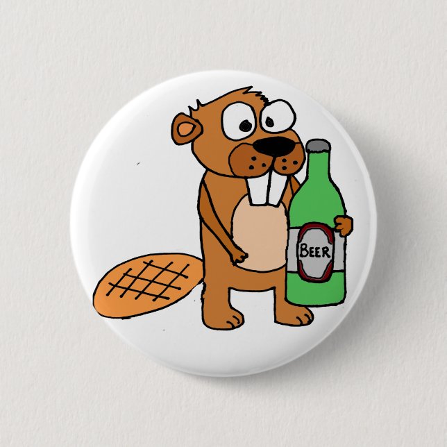 Cool Beaver Drinking Beer Cartoon Pinback Button (Front)