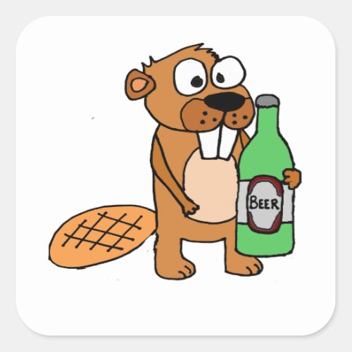 Cool Beaver Drinking Beer Cartoon Square Sticker