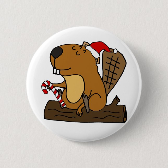 Cool Beaver in Santa hat Christmas Cartoon Button (Front)
