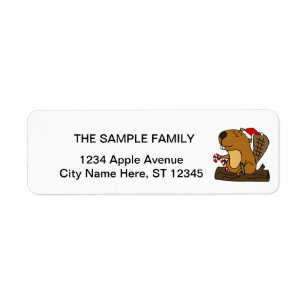 Cool Beaver in Santa hat Christmas Cartoon Label