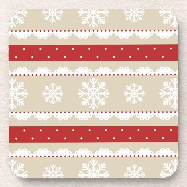 Cool Beige Red White Christmas Pattern Drink Coaster (Front)