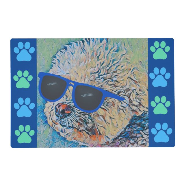 Cool Bichon in Sunglasses & Paw Laminated Placemat (Front)